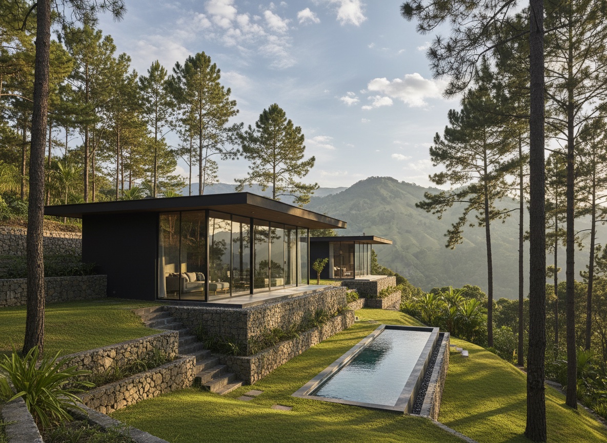 Ontwerpimpressie van de villa als matzwarte paviljoens op de terrassen tussen de dennen