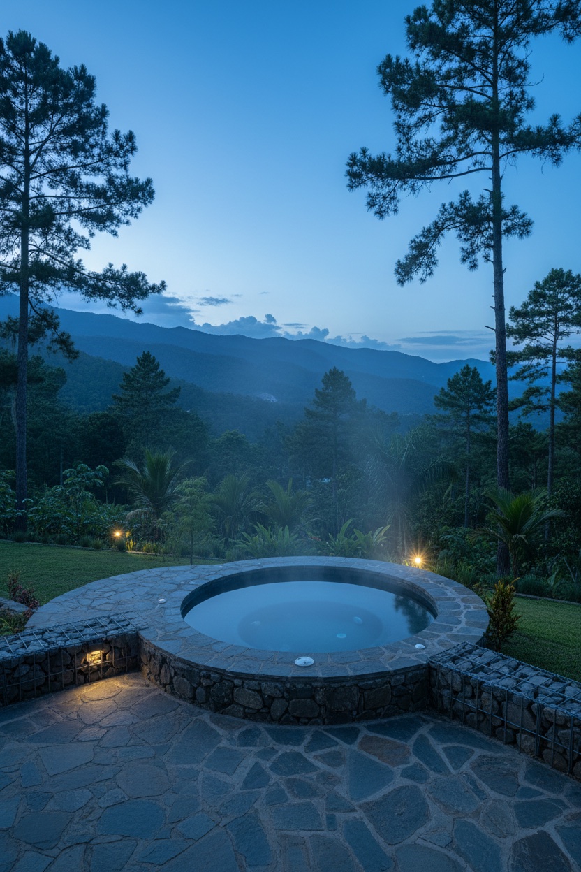Ontwerpimpressie van een private buitenjacuzzi bij avond