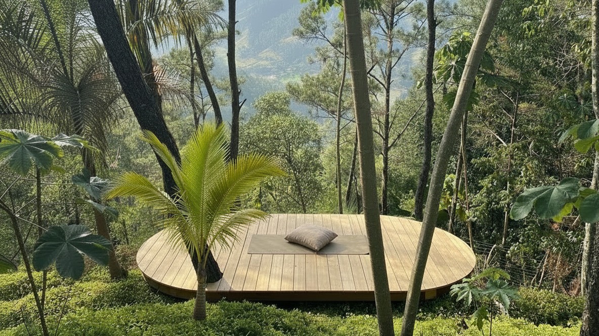 Ontwerpimpressie van een halfronde houten yoga-vlonder op het bestaande houten raamwerk met valleizicht
